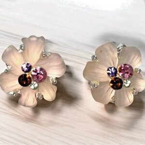 Ralph Lauren Earrings Frosted Glass Daisy Flower Clip on Rhinestone